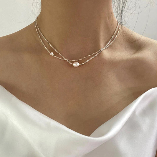 Dainty Layered Pearl Choker Necklace - Minimalist Elegance Sterling Silver Chain Fashion Jewelry Gift