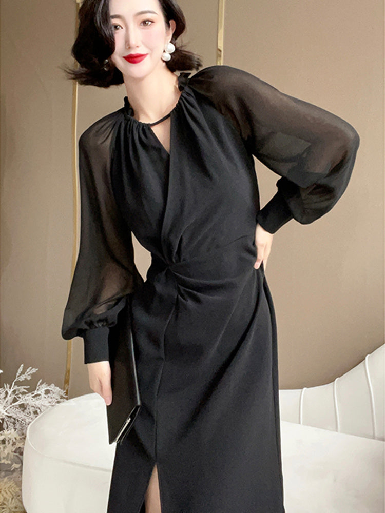 French Waistband Black Chiffon Dress