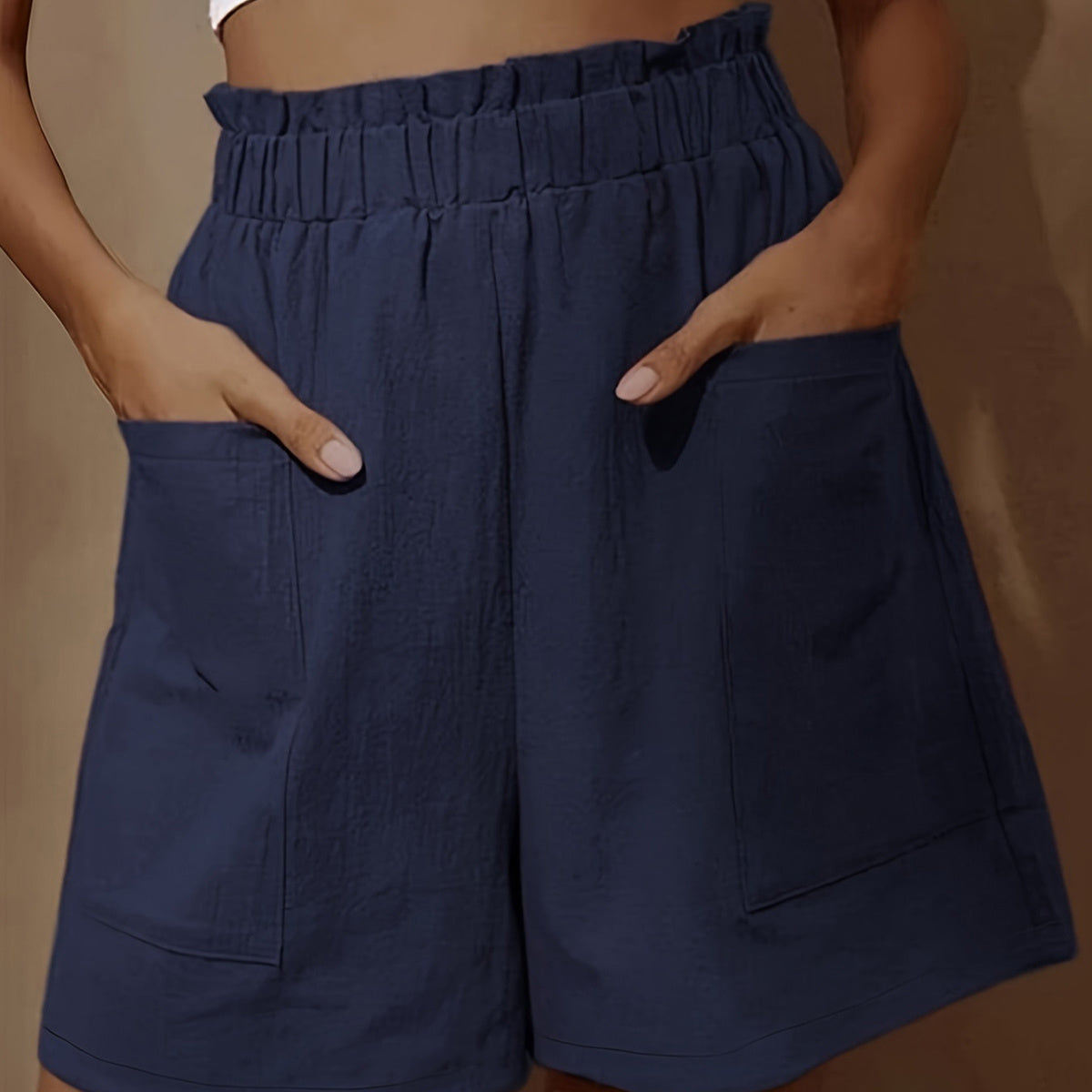 Loose Wide Leg Cotton Material Pocket Solid Elastic High Waist Shorts