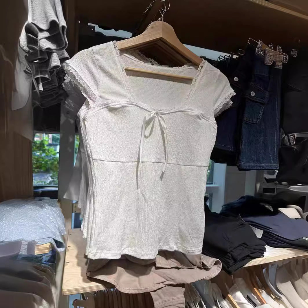 White Square-cut Collar Lace Edge Lace Bow Short Sleeve T-shirt