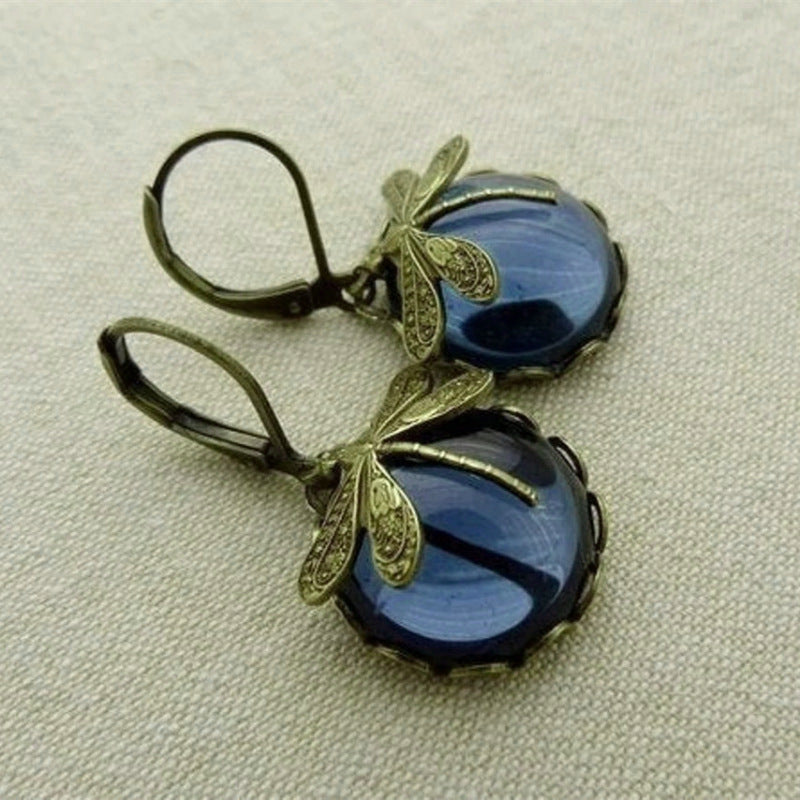Vintage Inspired Dragonfly Dangle Earrings with Iridescent Cabochons