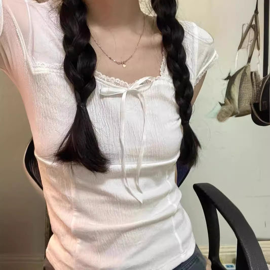 White Square-cut Collar Lace Edge Lace Bow Short Sleeve T-shirt