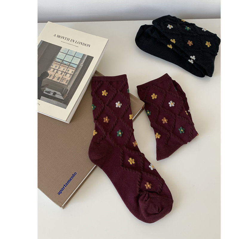Socks Dongdaemun Rhombus Embossed Small Flowers