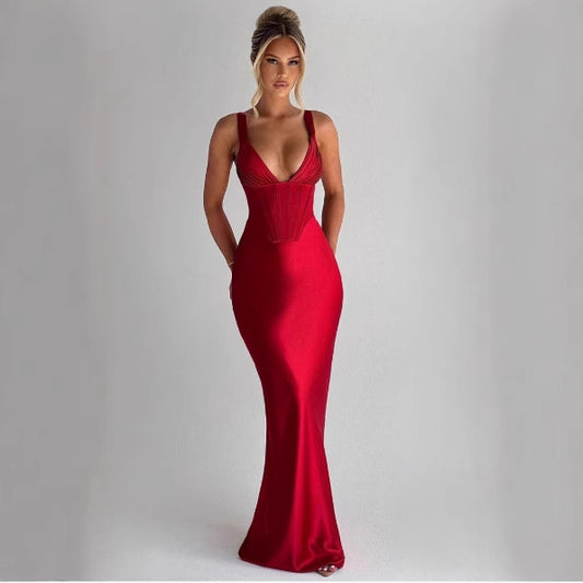 Long Dress Solid Color Sexy Slit Sleeveless Round Neck Dress