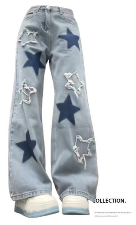 Starstruck Shreds – Celestial Distressed Denim Drop Retro Versatile Raw Edge Star Jeans For Women