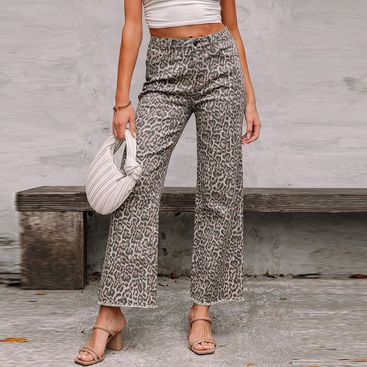 American Personalized High Waist Leopard Frayed Jeans