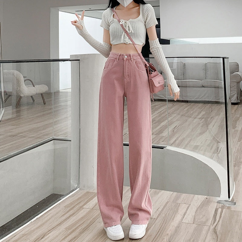 Dirty Pink Wide Leg Denim Women's High Waist Slimming Loose Straight Mop Pants