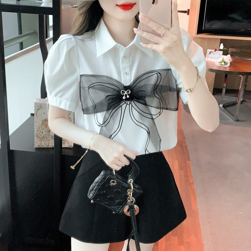 Lapel Bow Mesh Patchwork Top