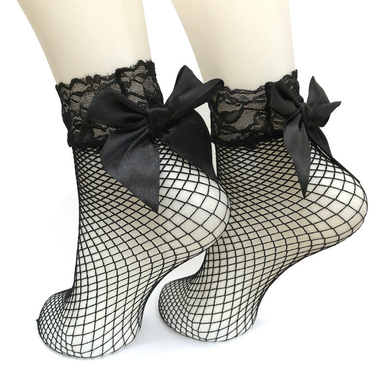 Short Fishnet Socks With Lace Trim And Bow