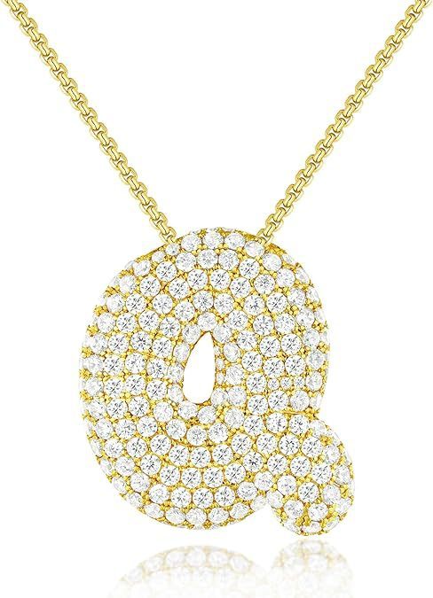 Custom Initial Necklace | Sparkle Alphabet Pendant Brass Zircon Balloon English Letter Necklace