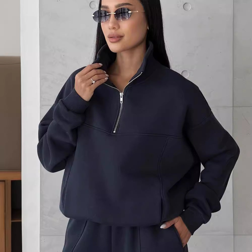 Essential Fleece Half-Zip Set – Minimal Luxe Comfort Y2K Winter Jogging Women Two Piece Set Female Zipper Coat Casual Pants Tracksuit Autumn Jacket Fashion Contrast Sport Wear Set