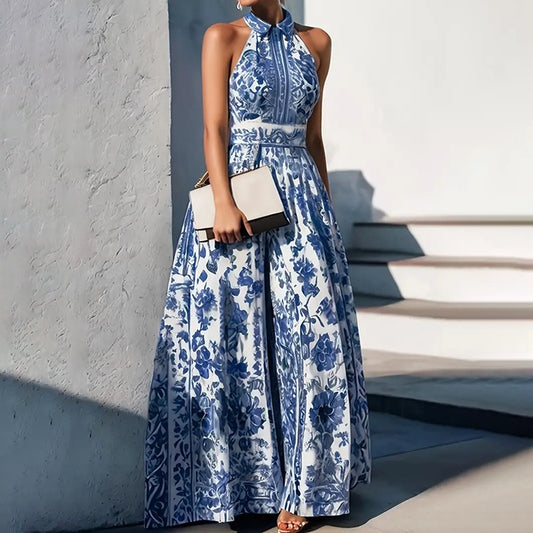 Floral Print Halter Neck Maxi Dress - Tie-Waist A-Line Summer Dress