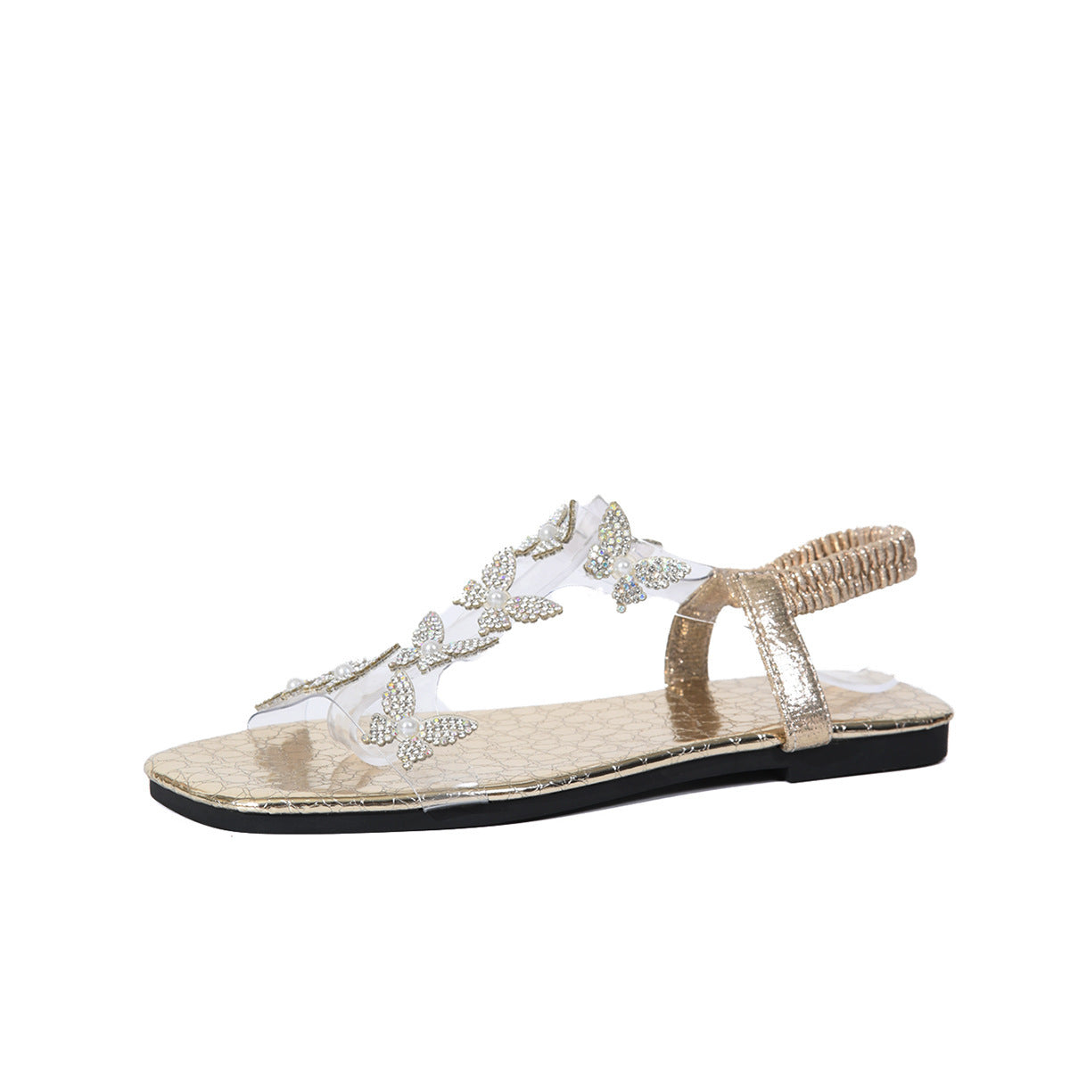 New Butterfly Rhinestone Sandals Summer Square Toe Flat Shoes For Women