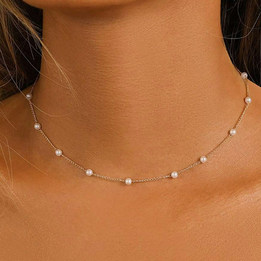 Dainty Gold Chain Pearl Station Choker Necklace | Minimalist Faux Pearl Design Creative Retro Elegant Necklace Women