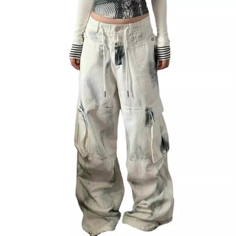 White Graffiti Distressed Cargo Jeans – Y2K Streetwear Wide-Leg Pants Plus Size Washed Brushed Multi-pocket Workwear Jeans For Women