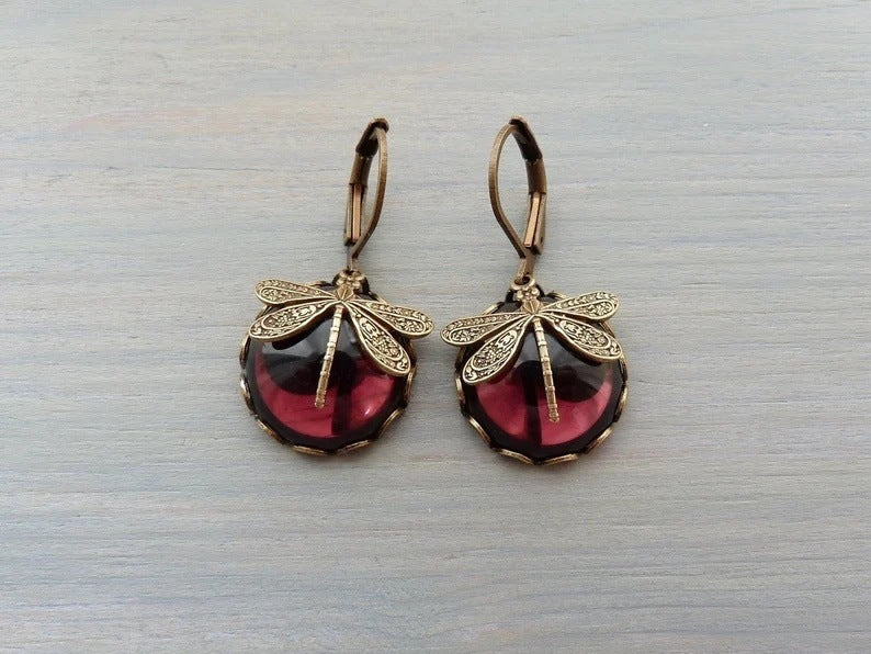 Vintage Inspired Dragonfly Dangle Earrings with Iridescent Cabochons