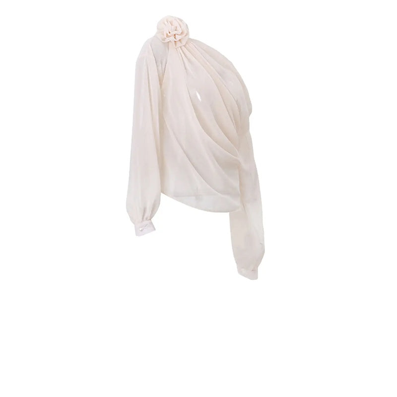 Off Shoulder Tops Elegant Long Sleeve Asymmetrical Neck Ruched Chiffon Blouse Shirts Going Out Top Y2k Shirts