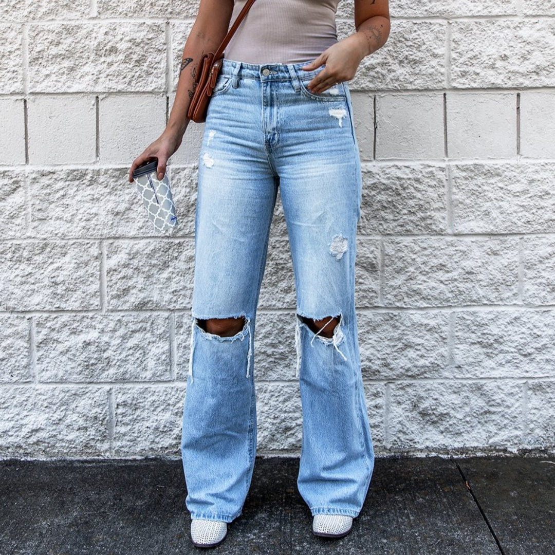 Ripped High Waist Retro Slim Fit Denim Boot-cut Pants