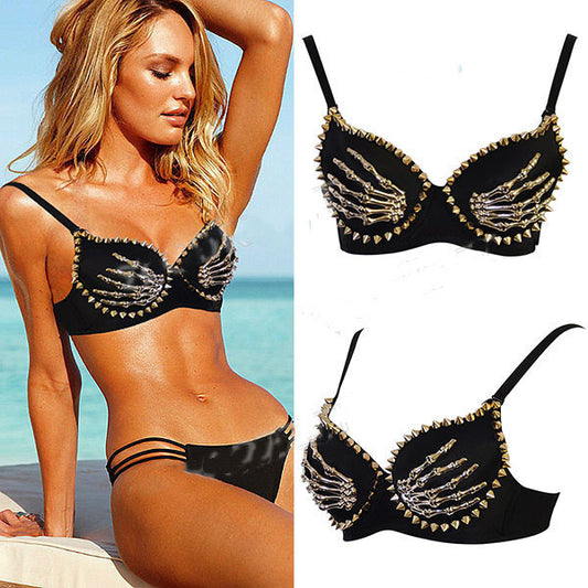 Embellished Skeleton Hand Bra - Goth & Punk Style Lingerie Top Women Nightclub Black Finger Bra