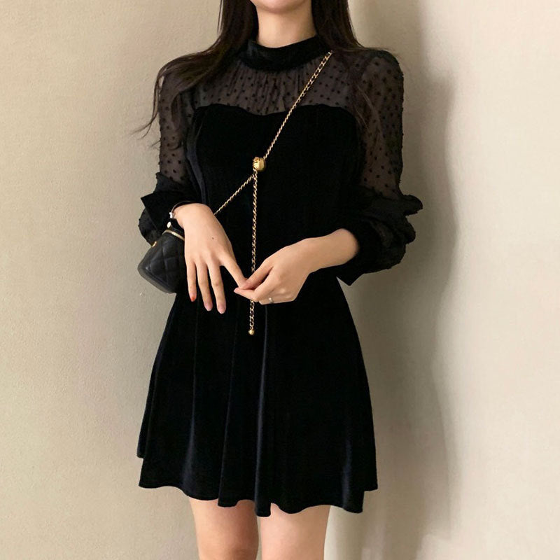 Retro Stand-up Collar Velvet Patchwork Long-sleeved Dress Women's