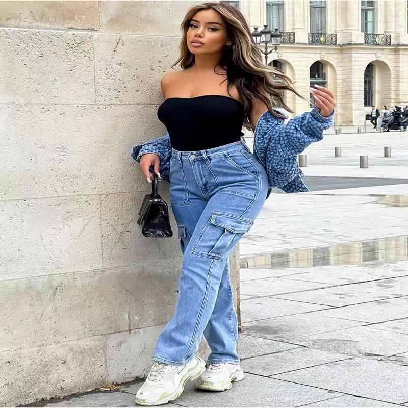 Foreign Trade Workwear Jeans For Women Autumn And Winter New Hot Selling Multi-pocket Denim Wide-leg Trousers