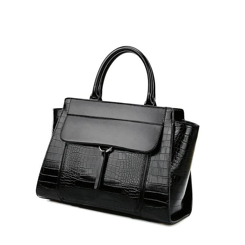 Elegant Black Croc-Embossed Top Handle Bag Women's New Fashion All Match Messenger Bag Large Capacity