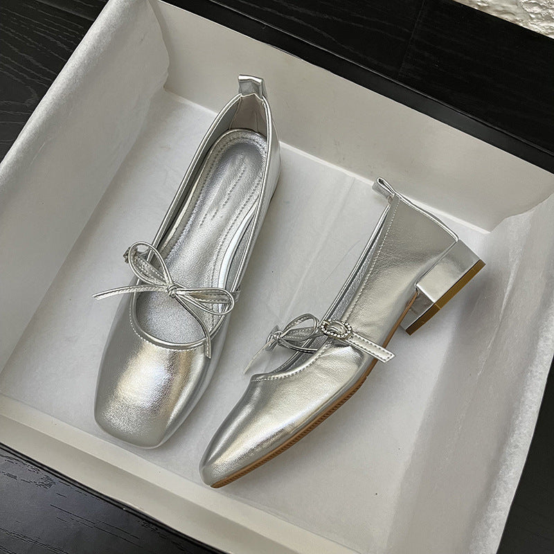 Silver Metallic Mary Jane Flats Women Simple Solid Color Square Toe Flat Shoes