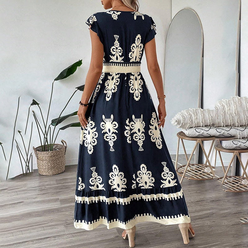 Summer Flowy Maxi Dress Casual Cap Sleeve V Neck Smocked Waist Beach Sundress
