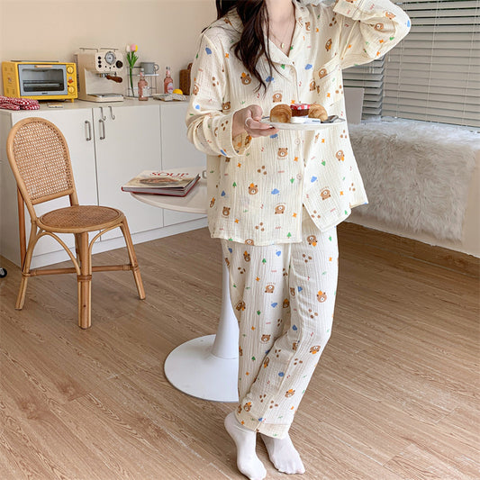 Cute & Cozy Animal/Character Print Pajama Set Pure Cotton Cartoon Long-sleeved Pajamas Set Letter Bear Homewear For Women