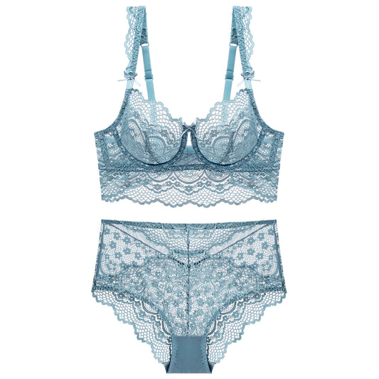 Sexy Sheer Mesh & Floral Lace Elegant Sleeveless Mesh & Lace One-Piece Lingerie Blue Ladies Bra And Panties Set