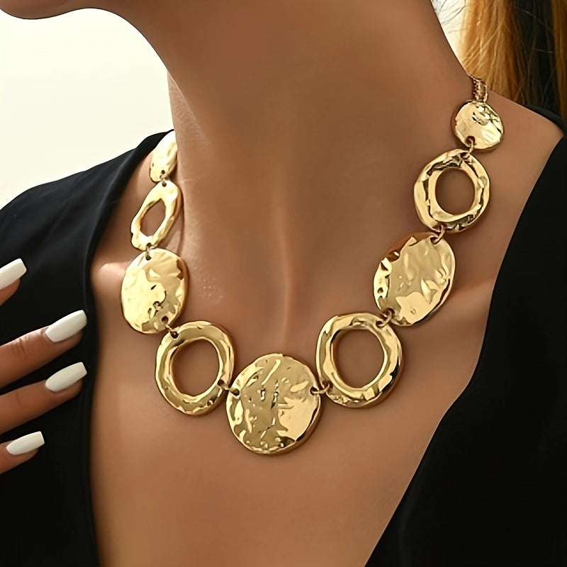 Hammered Texture Geometric Gold Necklace, Handmade Layered Statement Jewelry For Women, Modern Artisan Gift For Elegant Everyday & Evening Outfits
