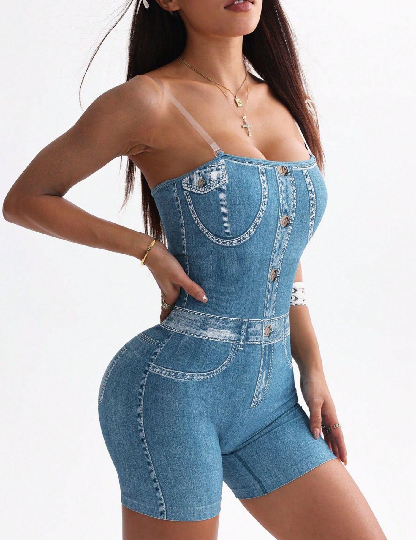 3D Denim Camisole Vest Shorts Jumpsuit For Women's