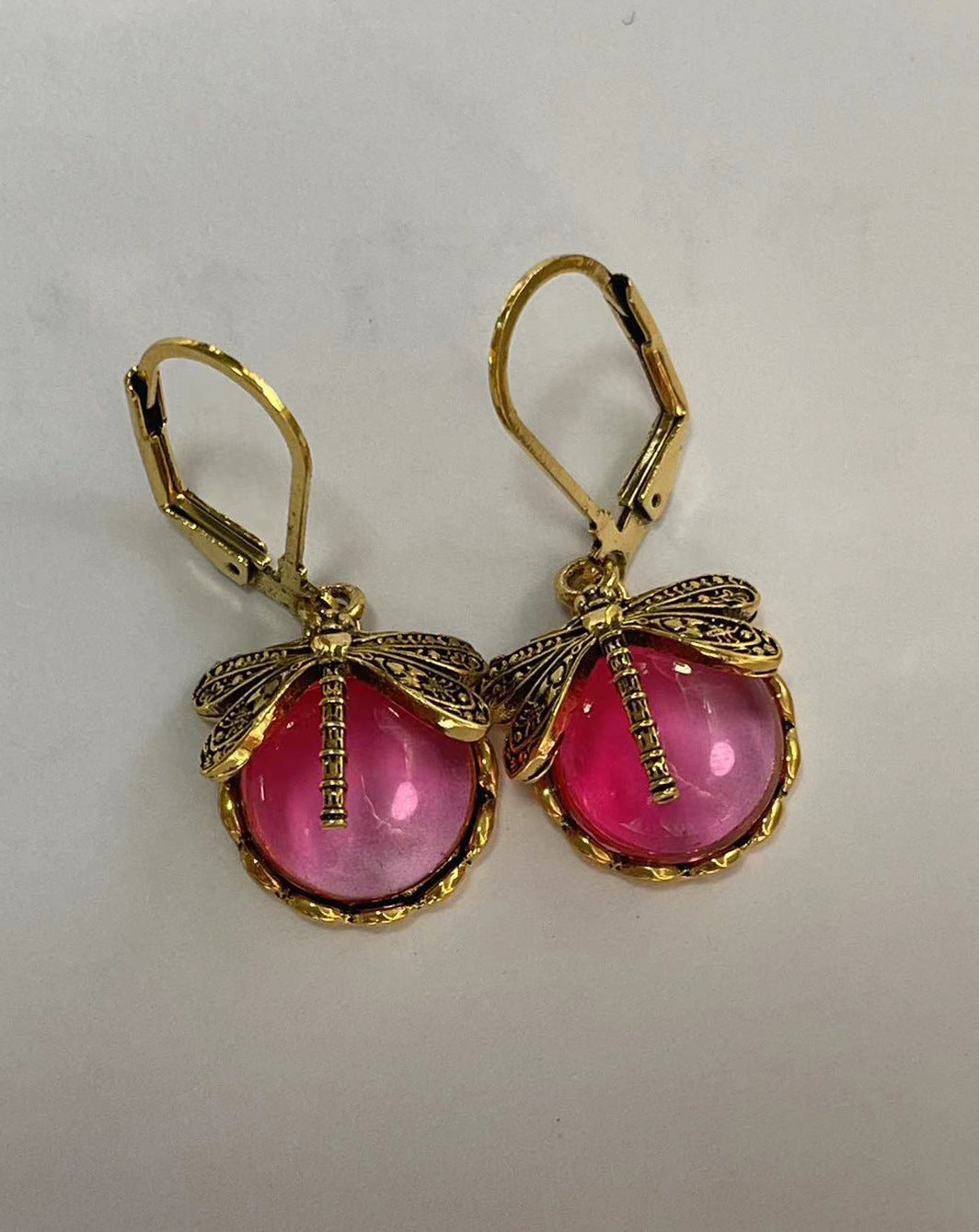 Vintage Inspired Dragonfly Dangle Earrings with Iridescent Cabochons
