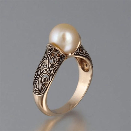 Elegant Pearl & Filigree Statement Ring Inlaid Imported Artificial ABS Pearl Ring