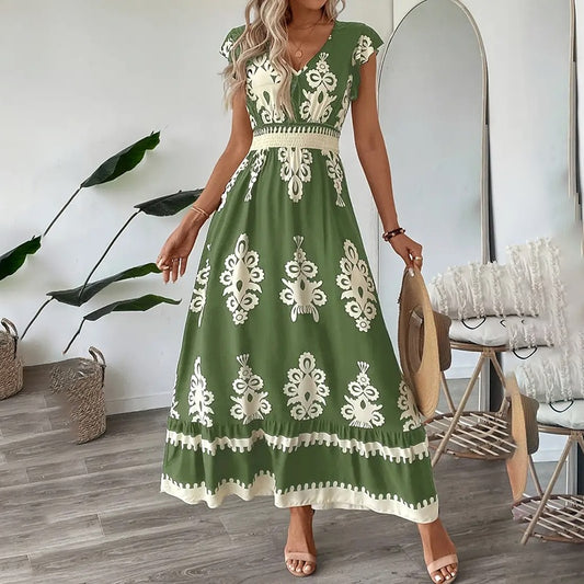 Summer Flowy Maxi Dress Casual Cap Sleeve V Neck Smocked Waist Beach Sundress