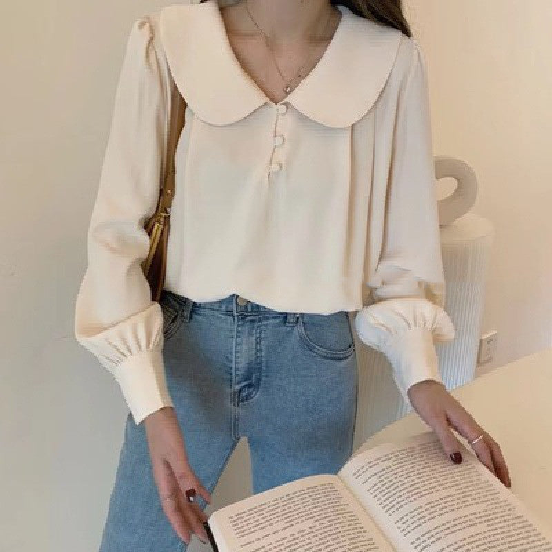 Peter Pan Collar Blouse – Vintage-Inspired Long Sleeve Button-Up Shirt for Women Doll Collar Chiffon Shirt Puff Sleeve Top