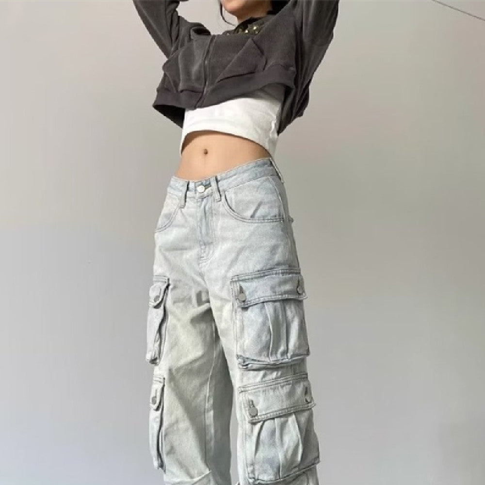 Stone Grey Multi-Pocket Cargo Pants – Utility Meets Streetwear Retro Workwear With Pocket Jeans For Women