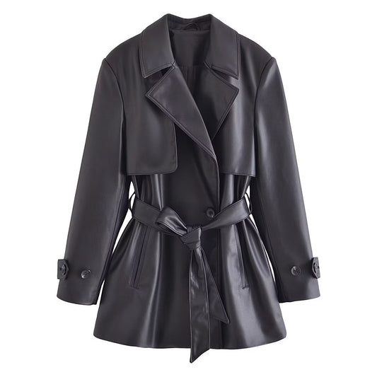 Elegant Slightly Mature Imitation Leather Short Trench Coat Women's