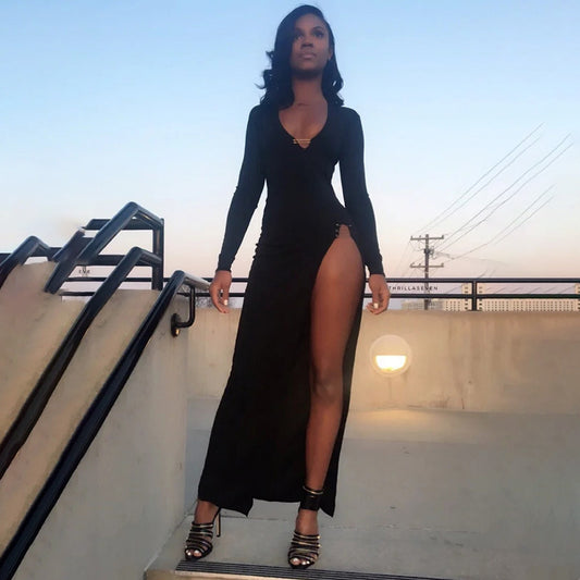 Black Versatile Slit Bodycon Dress Split Pin Long Dress For Women's
