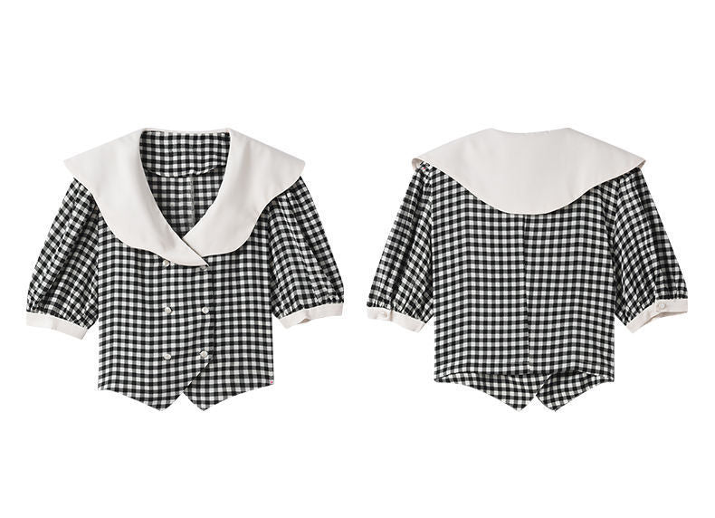 French Double-Breasted Plaid Shirt Ruffle Crop Top