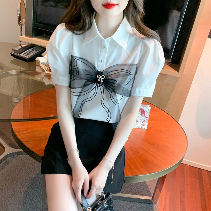 Lapel Bow Mesh Patchwork Top