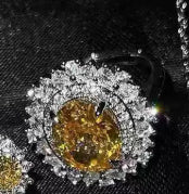 Elegant Evening Wear Set with Large Faceted Crystal & Sparkling Halo Luxury Premium Three-piece Inlaid Ring Bracelet