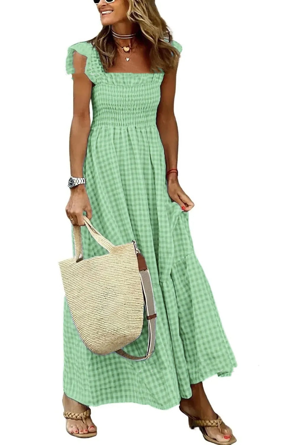 Gingham Smocked Maxi Dress – Effortless Charm in Every Color Summer Plaid Print Pleated Ruffle Dress INS Fashion Sleeveless A-line Swing Beach Dress Women's Clothing