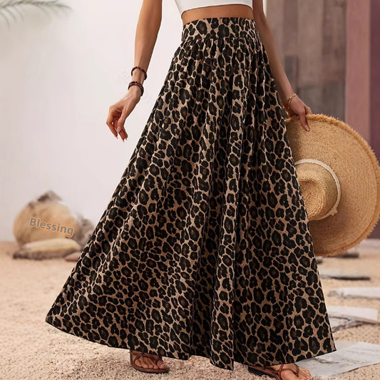 Bohemian Leopard Print High Waist Long Skirt High Waist Midi Skirt Fabric Leopard Print