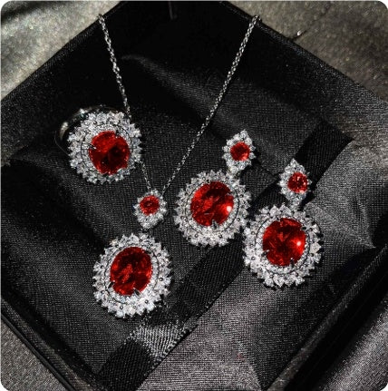 Elegant Evening Wear Set with Large Faceted Crystal & Sparkling Halo Luxury Premium Three-piece Inlaid Ring Bracelet