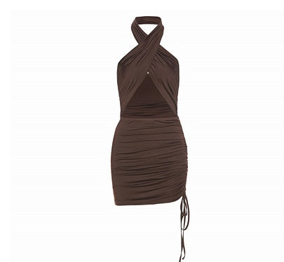 Bodycon Strappy Halter Club Dress with Front Cutout Solid Color Hanging Neck Sexy Backless Dresses