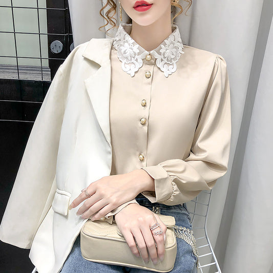 Elegant Lace Collar Button-Up Blouse | Long Sleeve Satin/Silk-Look Shirt Temperament Design Sense Stitching Top Western Style Korean Loose Shirt