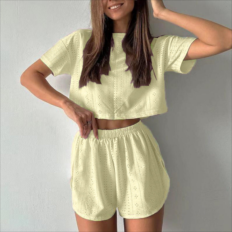 2pcs Casual Hollow Suit With Short-sleeved Crop Top And Elastic Slit Shorts Summer Fashion Sport Clothing For Women's